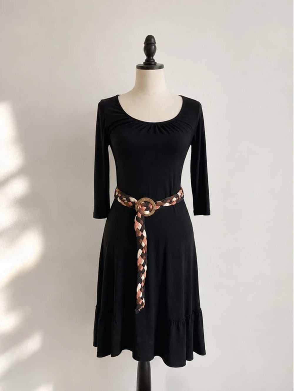 Ella Moss Black Long Sleeve Belted Dress Size S Pima Cotton Modal Ruffle Hem